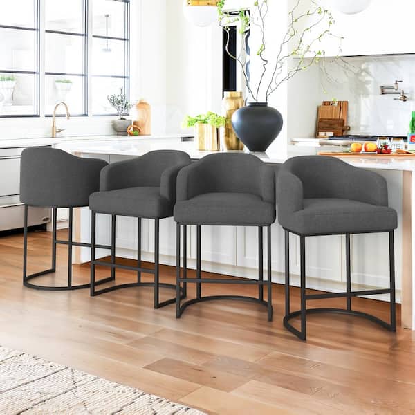 Crystal Charcoal Gray 26 in.Counter Height Fabric Upholstered Bar Stool Kitchen Island Stool With Metal Frame Set of 4