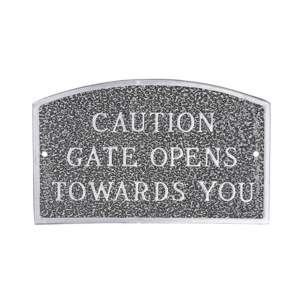 Montague Metal Products 10 in. x 15 Standard Arch Caution Gate Opens Towards You Statement Plaque Sign - Swedish Iron