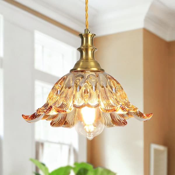 RayHome 60W 11in. 1-Light Vintage Amber Pendant Light w/Ribbed Amber Flower Glass for Island Dining Room Foyer Entryway