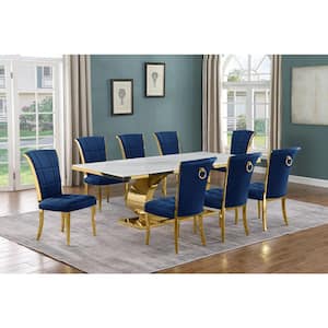 Ibraim 9-Piece Rectangle White Marble Top Gold Stainless Steel Dining Set with 8 Navy Blue Velvet Gold Iron Leg Chairs
