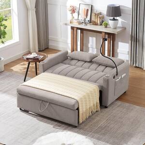 55.9 in. Light Gray Bella Fabric Twin Size Sofa Bed Convertible Loveseat Sofa with USB Ports, Cup Holders, Phone Holder
