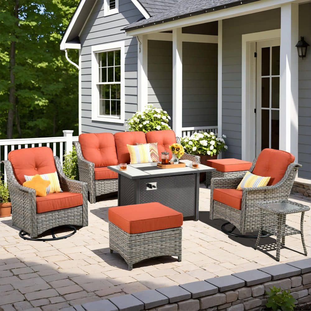 Verona 7-Piece Wicker Outdoor Patio Fire Pit Furniture Conversation Sofa Set with Swivel Chairs and Orange Red Cushions price history on PriceWatchPro