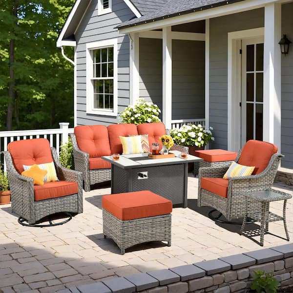 HOOOWOOO Verona 7-Piece Wicker Outdoor Patio Fire Pit Furniture Conversation Sofa Set with Swivel Chairs and Orange Red Cushions