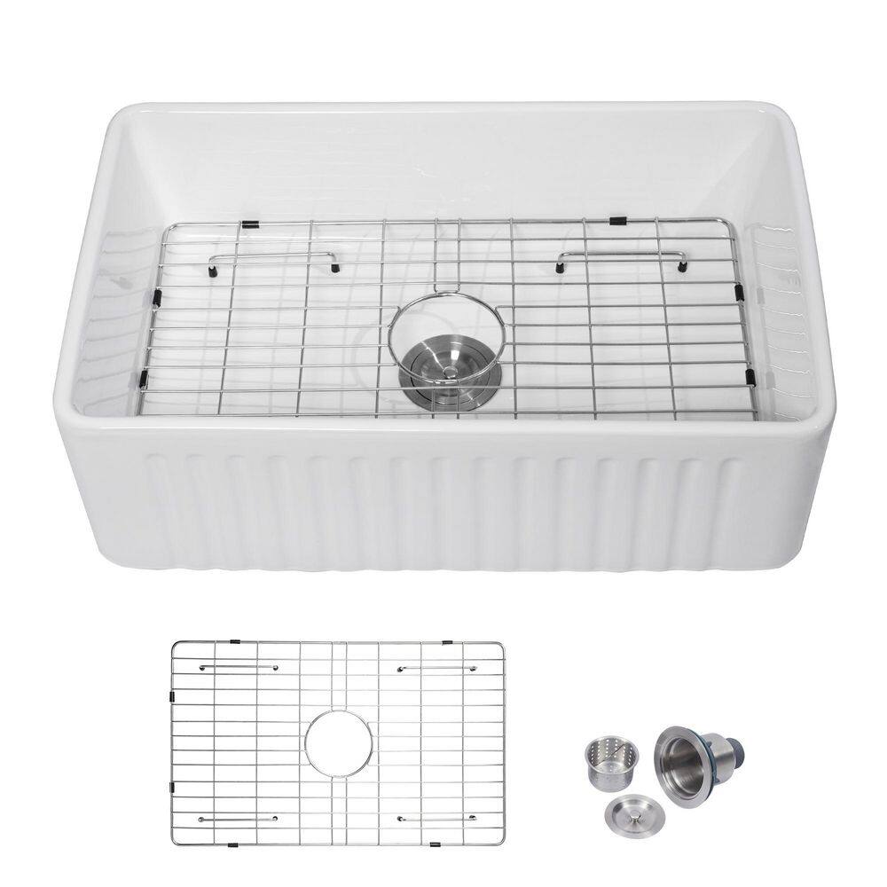 Logmey 33 in. Farmhouse Kitchen Sink Single Bowl White Fireclay Sink ...