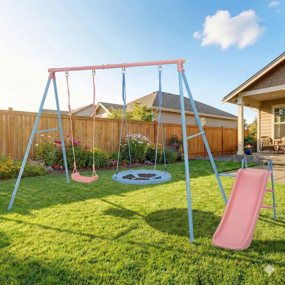 GOGEXX All-in-1 Blue and Pink Swing Set with Slide for Outdoor Fun