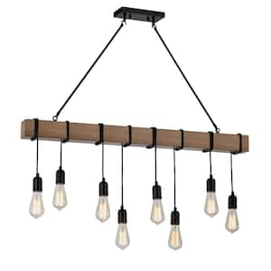 Delfina 8-Light 41.7 in. Linear Farmhouse Natural Wooden Beam Chandelier with Antique Black Finish