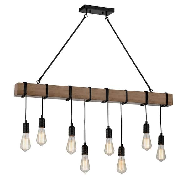 Jojospring Delfina 8-Light 41.7 in. Linear Farmhouse Natural Wooden Beam Chandelier with Antique Black Finish