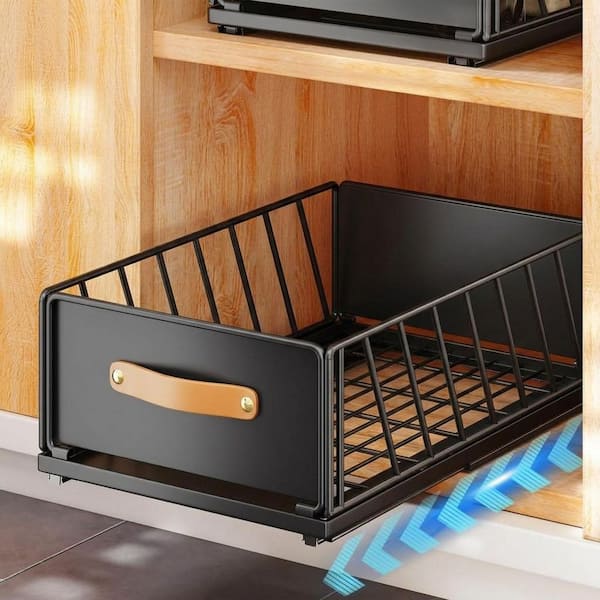 Black Pull Out Cabinet Organizer with Sliding Mesh Basket and Leather Handle for Kitchen Bathroom Home Storage