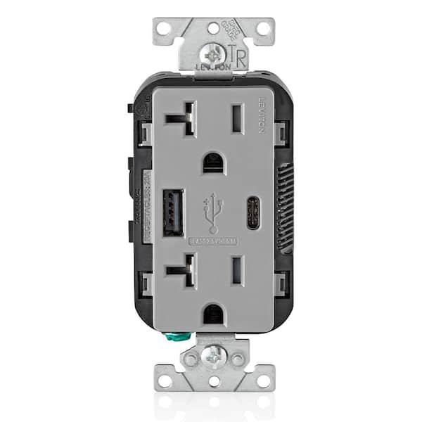 Leviton T5833-HGG Gray Combination Duplex Hospital Grade Receptacle A-C USB Charger 20A125V