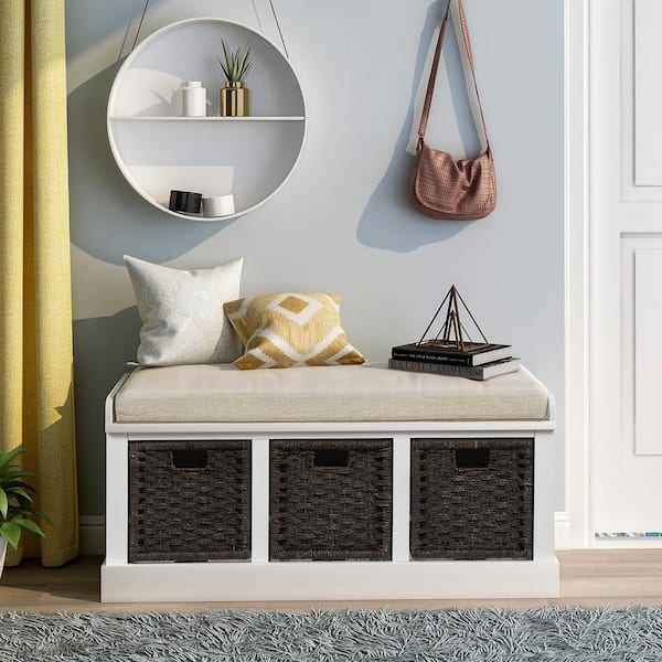Harper & Bright Designs White Washed Entryway Storage Bench with Removable Cushion and 3-Removable Classic Fabric Basket