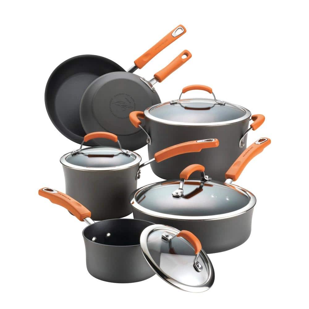 Rachael Ray Classic Brights 10-Piece Hard-Anodized Aluminum Nonstick Cookware Set in Orange and Gray -  87375