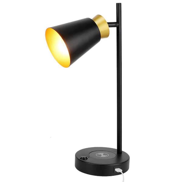 TAIFOND 16.14 in. Matte Black Metal Indoor Desk Lamp with Wireless Charger and USB Charging Port