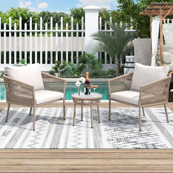 Tunearary 3-Piece Plastic Beige Woven Rope Chair Set Patio Outdoor