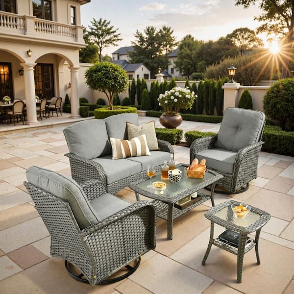 XIZZI Victor 5 Pieces Wicker Outdoor Patio and Swivel Rocking Chairs with Dark Gray Cushions