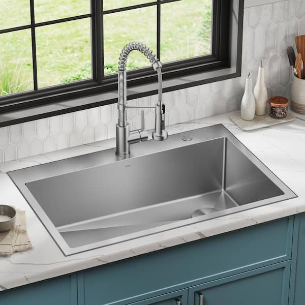 Loften 33 in. Drop-In Single Bowl 18 Gauge Stainless Steel Kitchen Sink with Pull Down Faucet in Spot Free Stainless