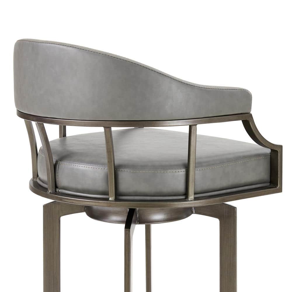 Transitional Gray Leather & Metal Swivel Saddle Stool, 24"W