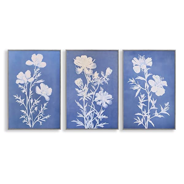 Stupell Industries Varied Cerulean Botanicals by Petal Prints Design 3-Pieces Gray Framed Nature Giclee Art Print 30 in. x 20 in.
