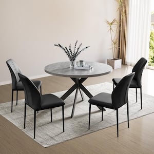 5-Piece Round Gray Dining Table Set with 4 Black Chairs for Dining Kitchen Room