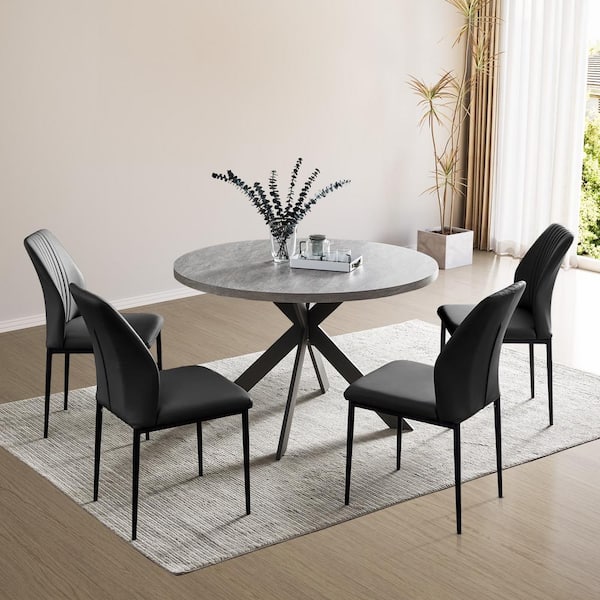 GOJANE 5-Piece Round Gray Dining Table Set with 4 Black Chairs for Dining Kitchen Room