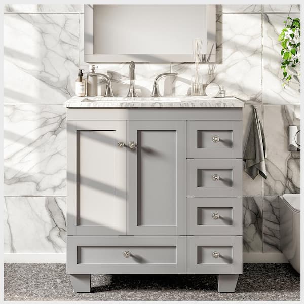 Eviva Acclaim 30 in. W x 22 in. D x 34 in. H Bath Vanity in Gray with White Carrara Marble Vanity Top with White Sink