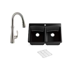 Kennon Drop-in/Undermount Neoroc Granite Composite 33 in. Double Bowl Kitchen Sink with Bellera Faucet in Matte Black