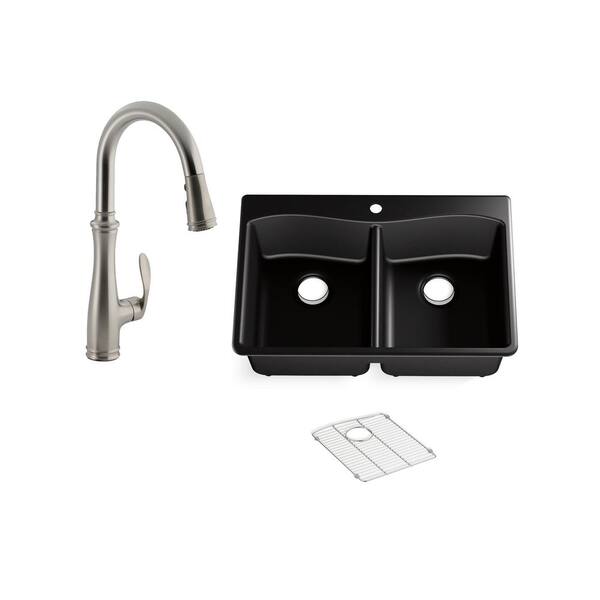 KOHLER Kennon Drop-in/Undermount Neoroc Granite Composite 33 in. Double Bowl Kitchen Sink with Bellera Faucet in Matte Black