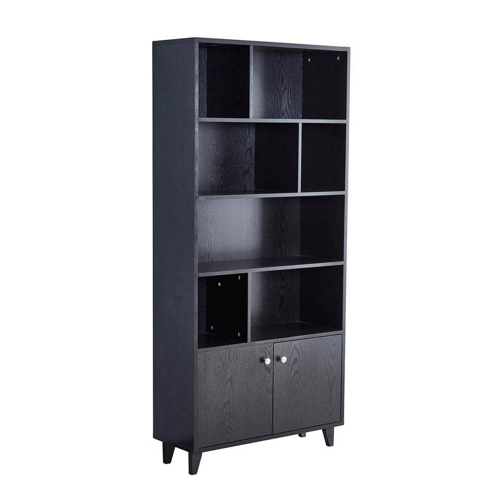 Modern 68 in. H Black MDF 4-Tier Shelf Standard Bookcase with 2 Doors ...