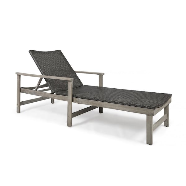 Gray Adjustable Backrest Acacia Wood Outdoor Lounge Chair with Gray Cushions