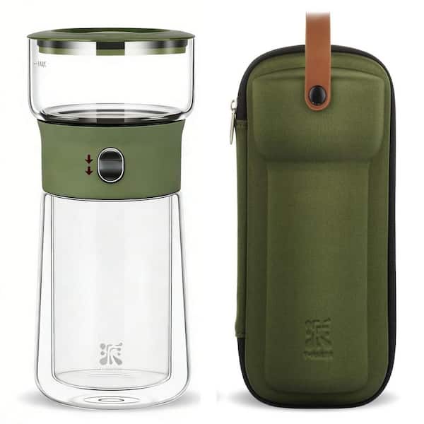 1.5-Cup Green Glass Teapot for Loose Tea Diffusers with Insulated Mug and Portable Tea Kits, Smart One Touch Tea Maker