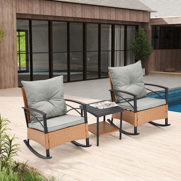 HOMMOW 3-Piece Outdoor Rocking Chairs Bistro Set, PE Wicker Patio Conversation Set with Cushions and Coffee Table, Gray