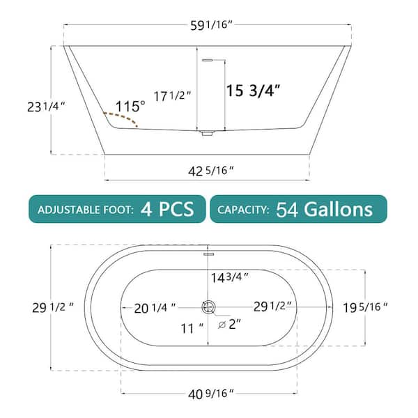 Ane 59 in. x 29.5 in. Acrylic Freestanding Soaking Bathtub with Center Drain in White