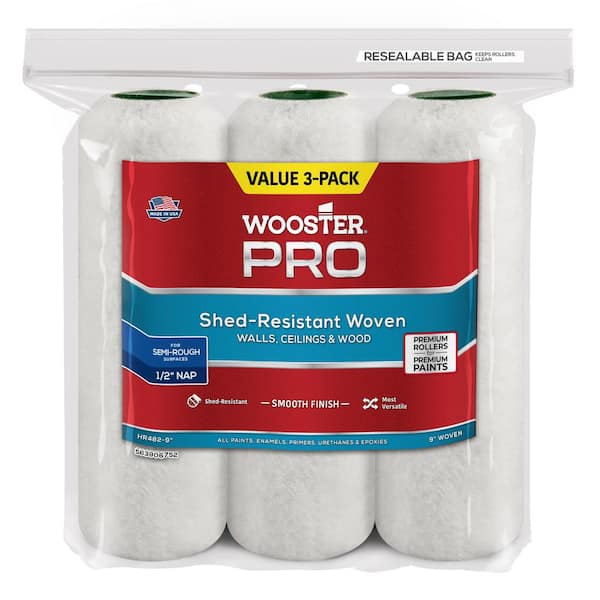 Wooster 9 in. x 1/2 in. High-Density Fabric Pro White Woven Roller Cover  Applicator/Tool (3-Pack) 0HR4820090 - The Home Depot