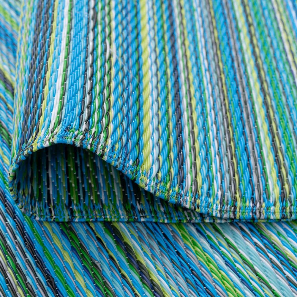Aqua and Green Striped Synthetic 5' x 7' Outdoor Rug