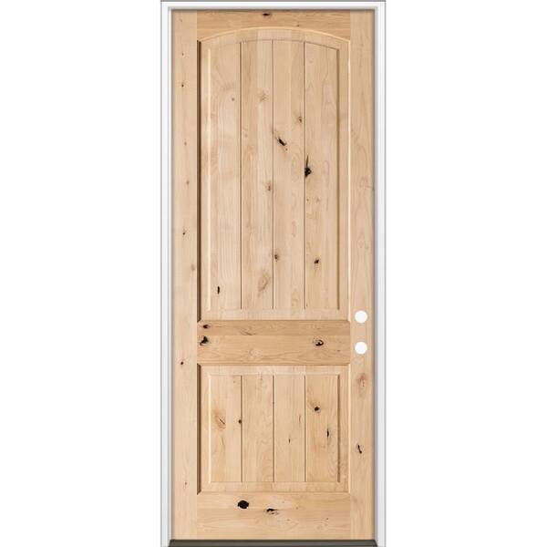 32 in. x 96 in. Rustic Knotty Alder Top Arch V-Grooved Left-Hand/Inswing Unfinished Wood Prehung Front Door