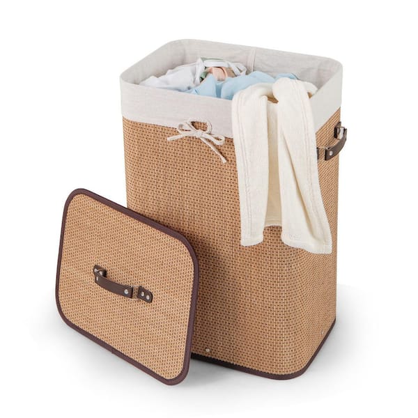 Yellow 12 in. x 24 in. Rectangle Bamboo Clothes Decorative Basket with Handles and Lid (Set of 1)