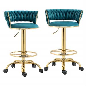 35.43 in Teal Velvet Swivel Adjustable Metal Counter Bar Stools Chairs with Wheels Set of 2