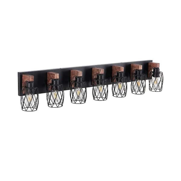 44 in. 7-Light Industrial Brown Vanity Light with Wooden Accents for Bathroom