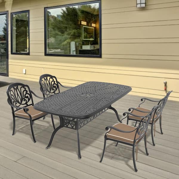 Willit Elizabeth Black 5-Piece Cast Aluminum Outdoor Dining Set with Rectangle Table and Dining Chairs and Random Color Cushion