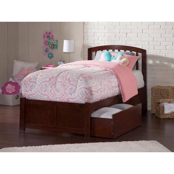 AFI Richmond Walnut Twin Solid Wood Storage Platform Bed with Flat Panel Foot Board and 2 Bed Drawers