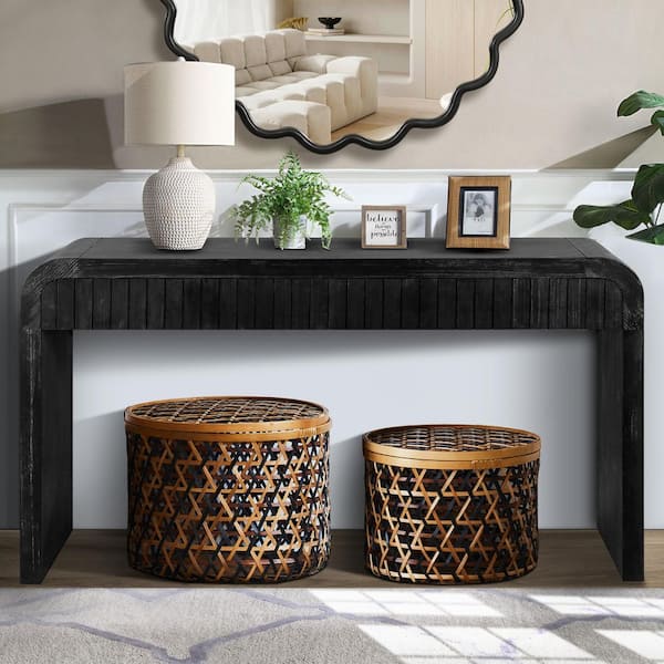 American Retro 59 in. Black Rectangle Solid Wood MDF Console Table with Hidden Drawers
