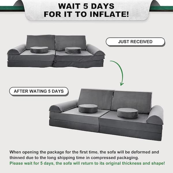 10-Piece Gray Convertible Kids Couch Modular Fold Out Couch for Bedroom Playroom Play Sofa Set for Kids