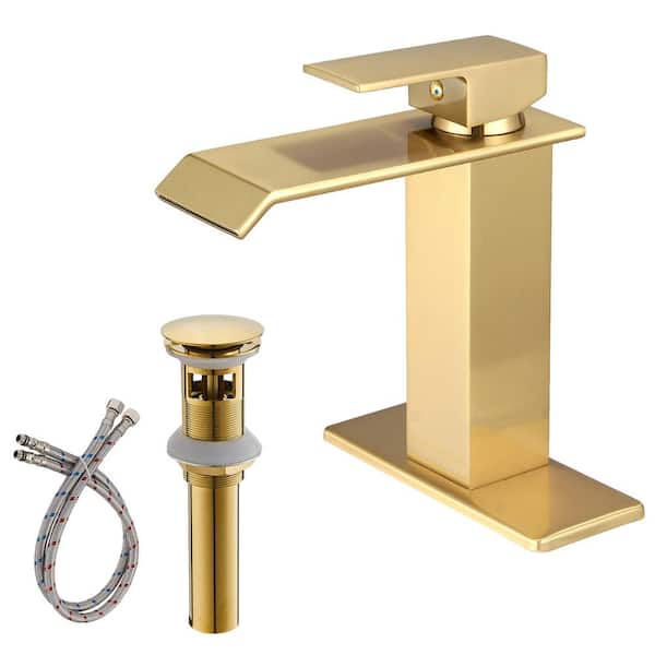 BWE Waterfall Single Hole Single-Handle Low-Arc Bathroom Faucet With Pop-up Drain Assembly in Brushed Gold
