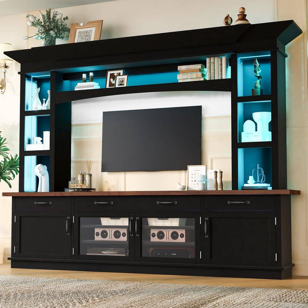 Black 94.3 in. Extra Long TV Stand Entertainment Center Fits TV's up to 65 in. with 7-Color LED, Adjustable Shelves