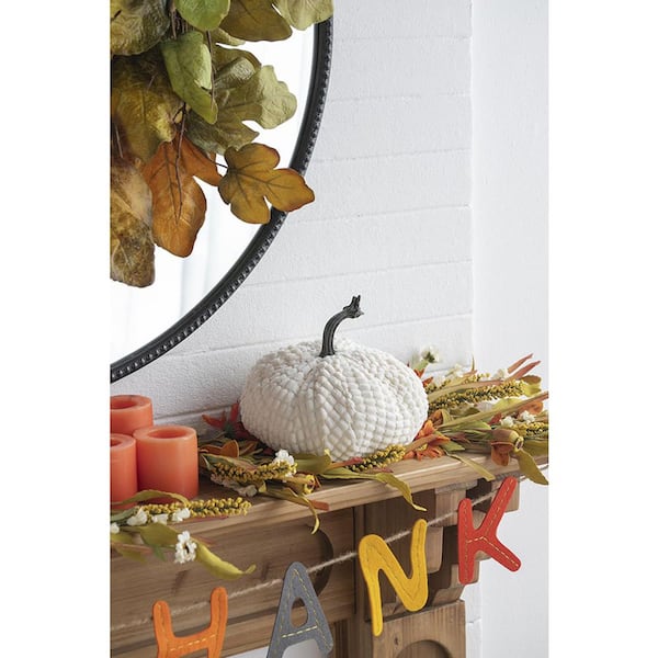 White 9 in. L x 8 in. W x 7 in. H Chenille Weighted Pumpkin (Set of 2) for Holiday Harvest Festival Fall Festival