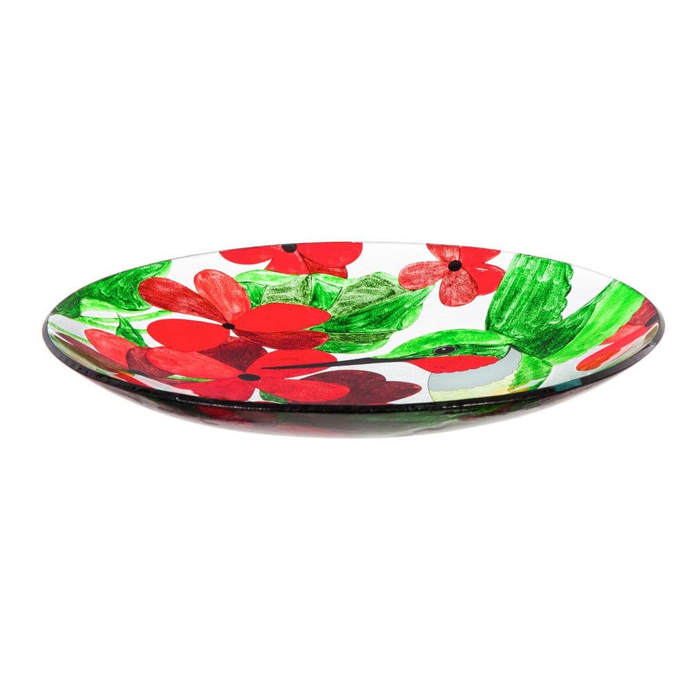 Hummingbird and Red Flower Glass Bird Bath with Stand