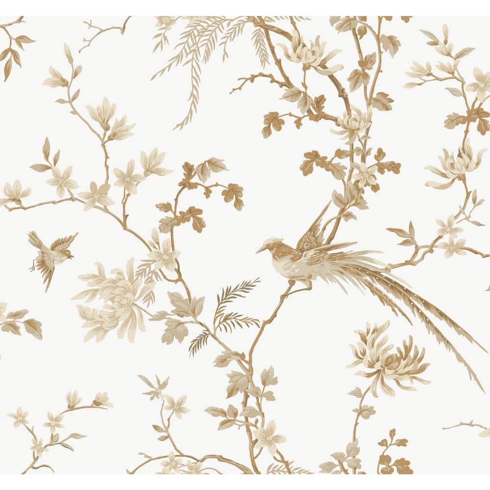 White and Gold Bird and Blossom Chinoiserie Wallpaper