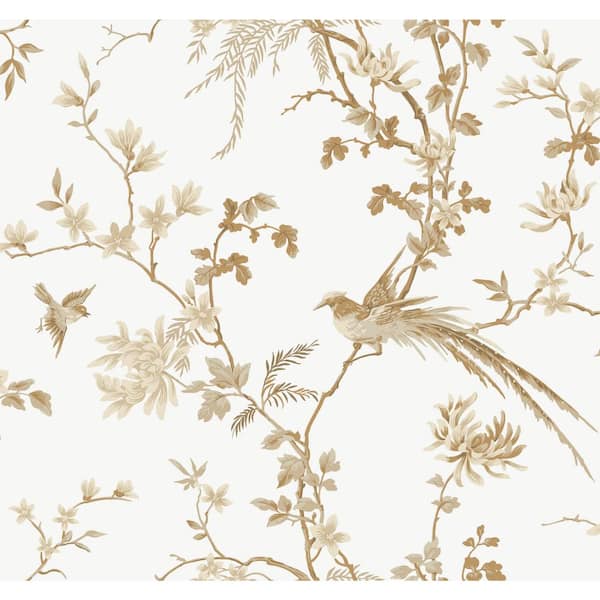 York Wallcoverings Ronald Redding White and Gold Bird and Blossom Chinoserie Paper Unpasted Matte Wallpaper (27 in. x 27 ft.)