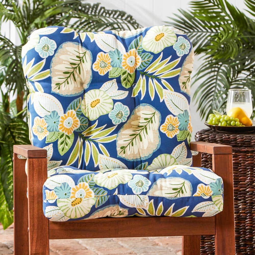 Marlow Blue Floral Tufted Outdoor Chair Cushion 42x21
