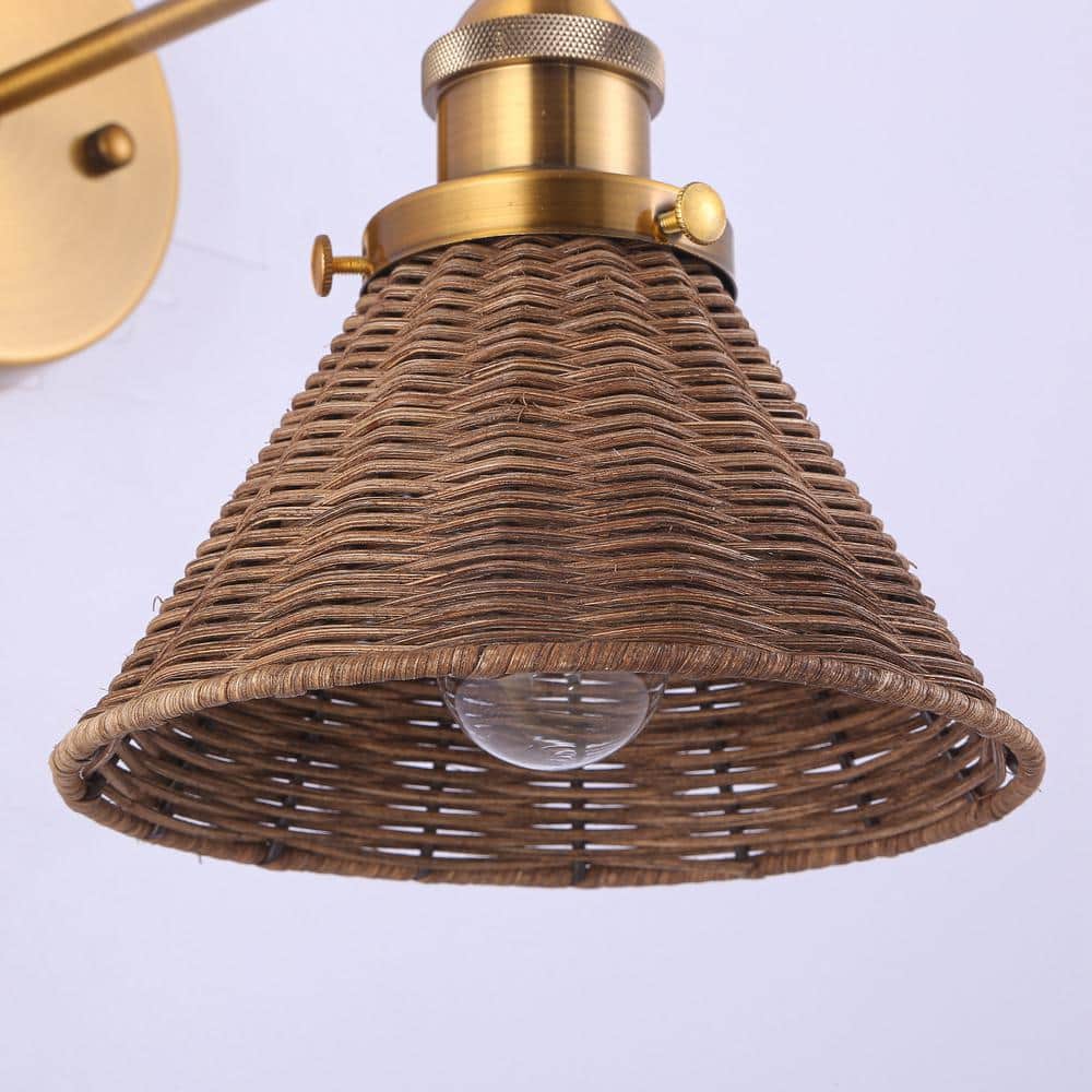 Brass and Rattan Swing Arm Wall Sconce with Woven Shade