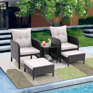 5-Piece Wicker Outdoor Patio Conversation Furniture Set All Weather with Beige Cushions Armrest Ottomans Coffee Table